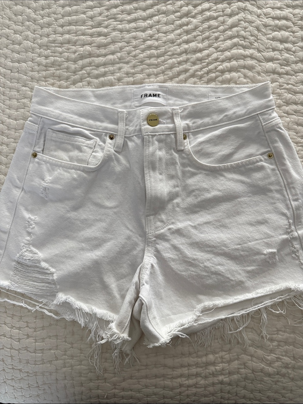 Frame Denim White Frayed-Hem High-Rise Jean Shorts